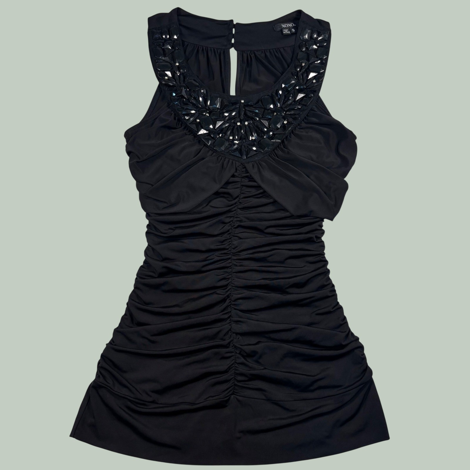 vintage xoxo Y2K black ruched jewel halter going out top club party coquette 00s