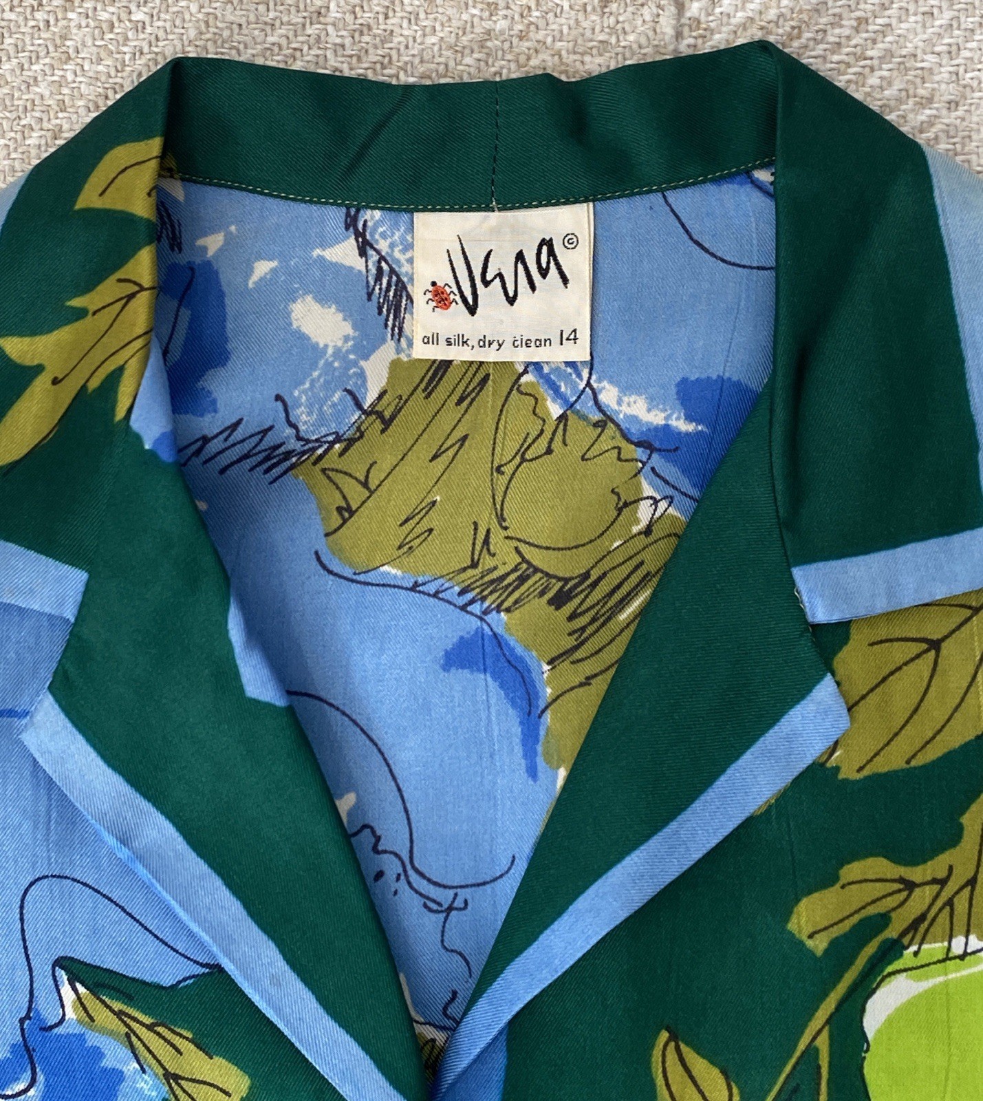 Vintage Silk Vera Neumann Blouse shirt 3/4 Sleeve Olive Blue Floral