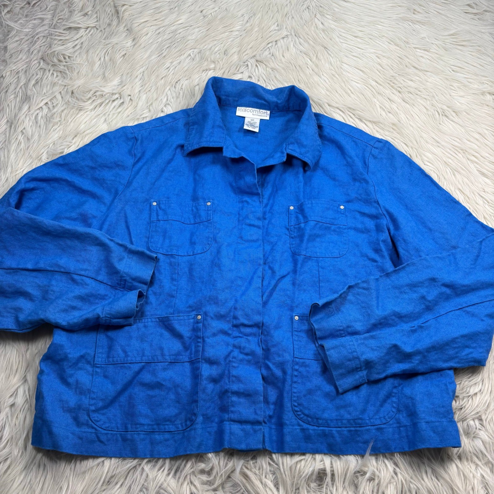Real Comfort Chadwick’s Women’s 12P Blue 100% Linen Utility Jacket Lagenlook