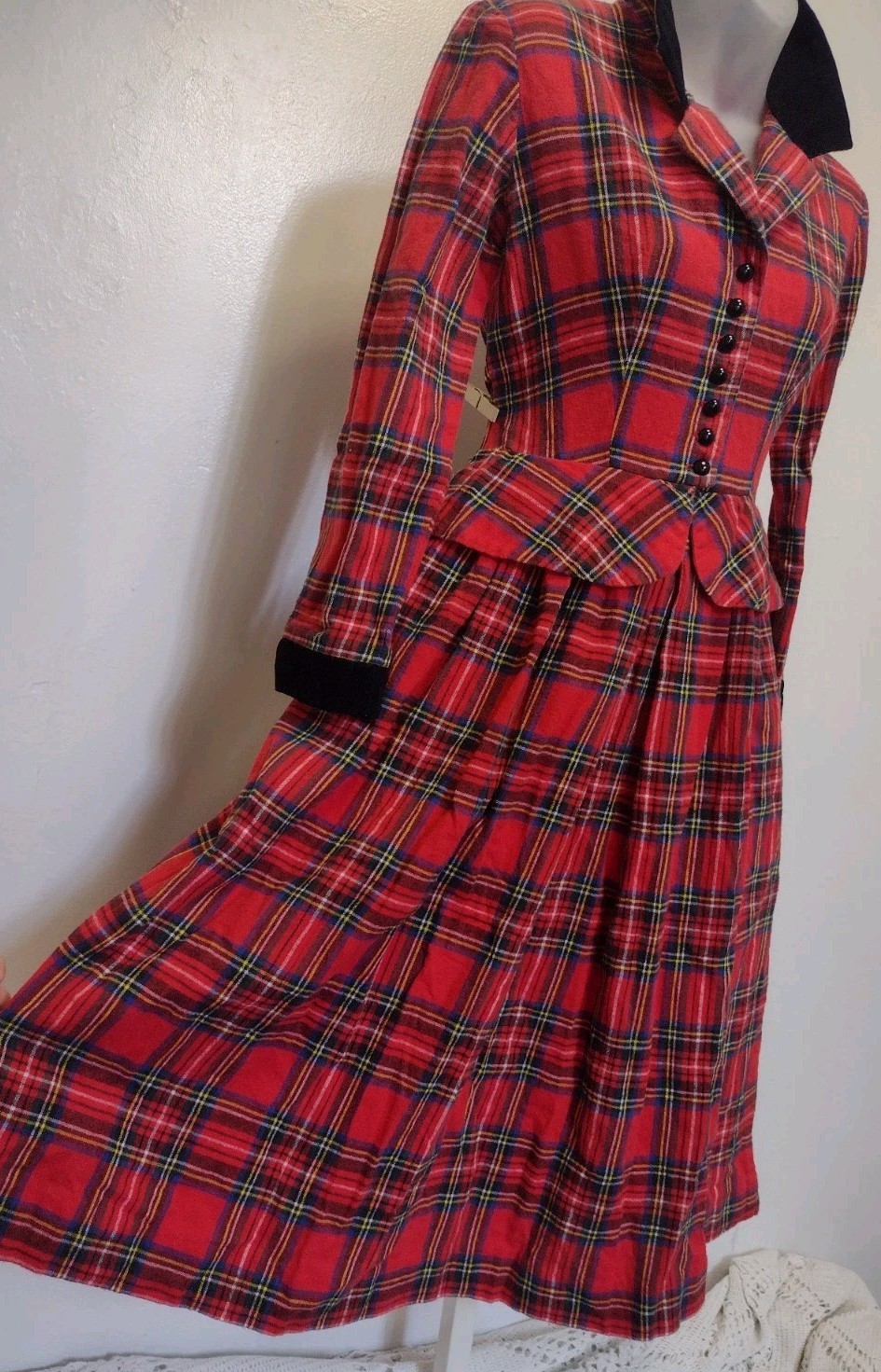 Vintage Petite Lanz Red Plaid Flannel Dress Peplum Corduroy Tartan 80s USA