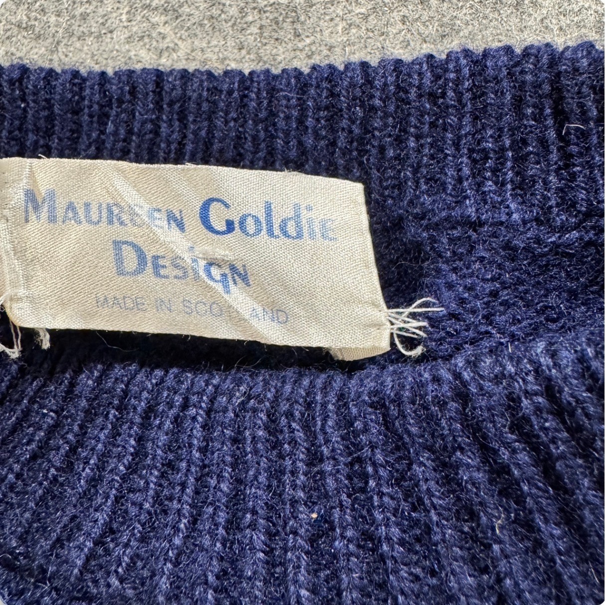 Vintage 80s 100% Wool Knit Sweater Navy Geometric Rainbow Made in Scotland S/M