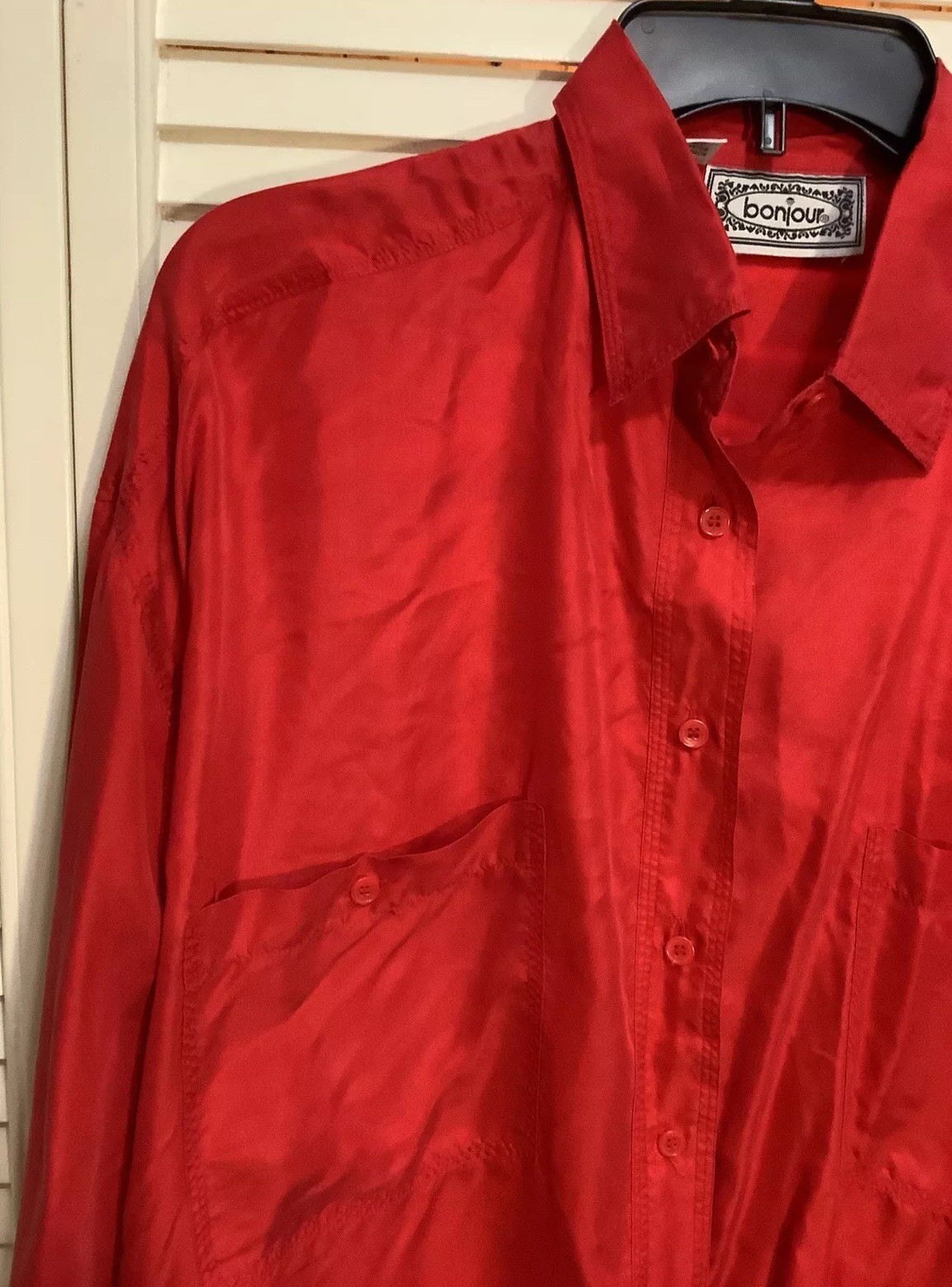 Bonjour 100% Silk Shirt Vintage Blouse Women’s Medium Red Long Sleeve Button Up