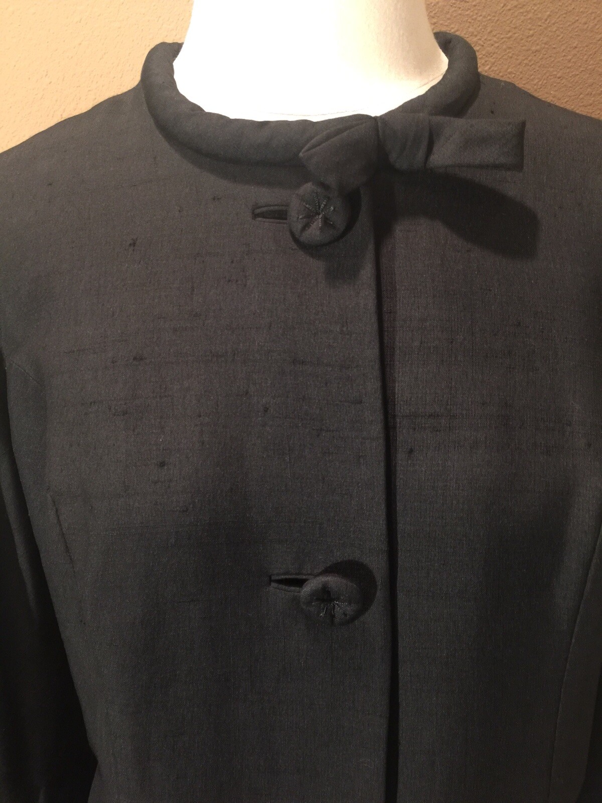 Vintage Retro 10/12 L Black Collarless Jacket W 3/4 Sleeves & Pockets
