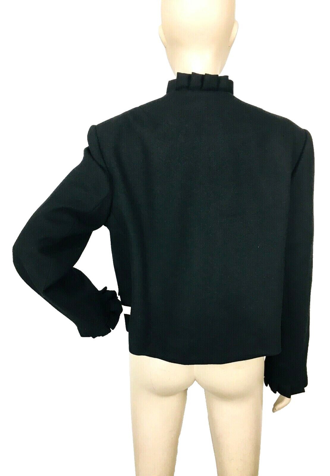 Vintage 70s C’est Simone Black Wool Jacket Rhinestone Detail Ruffled Neck Cuffs