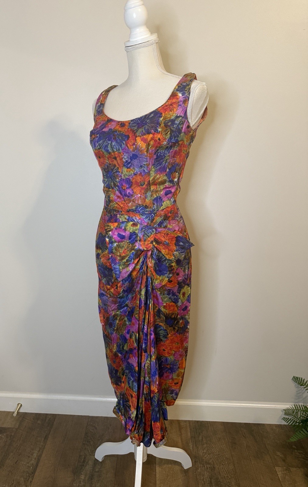 Gorgeous 1950s VTG Satin Floral Sarong Dress Designer Mr. Blackwell Sz XS/S