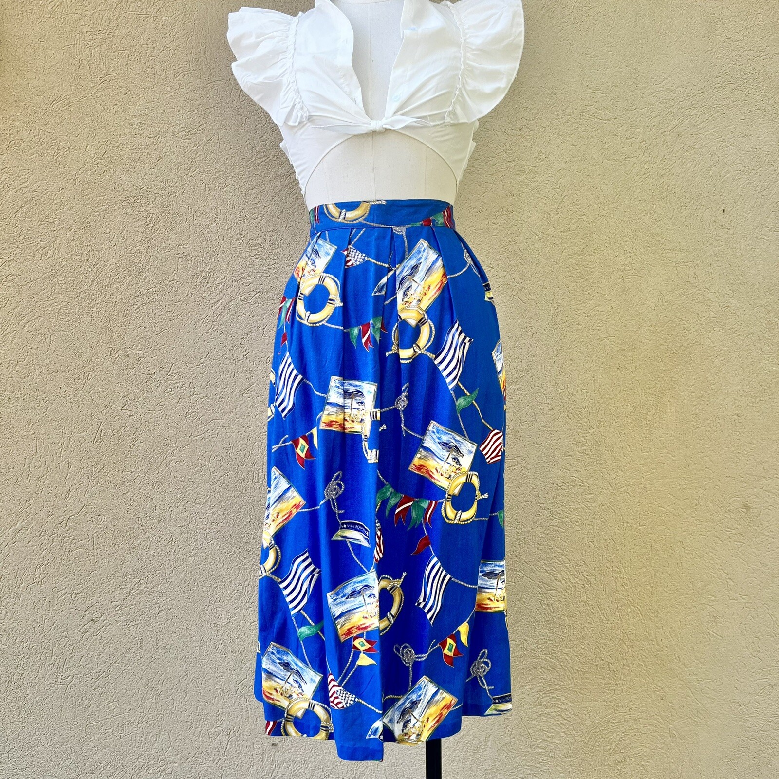 MARITIME NAUTICAL Sailing Yacht 90s 1990’s Vintage Novelty Print Rayon Skirt XL