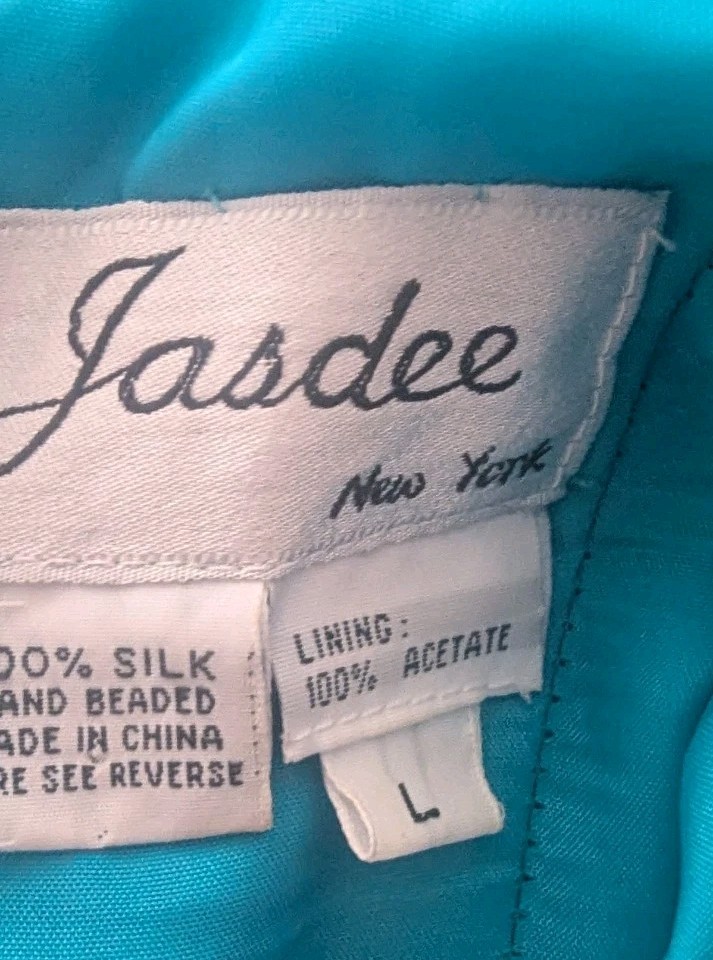 JASDEE New York Vintage Dress Hand Work Bead & Sequins Turquoise 100% Silk Sz L