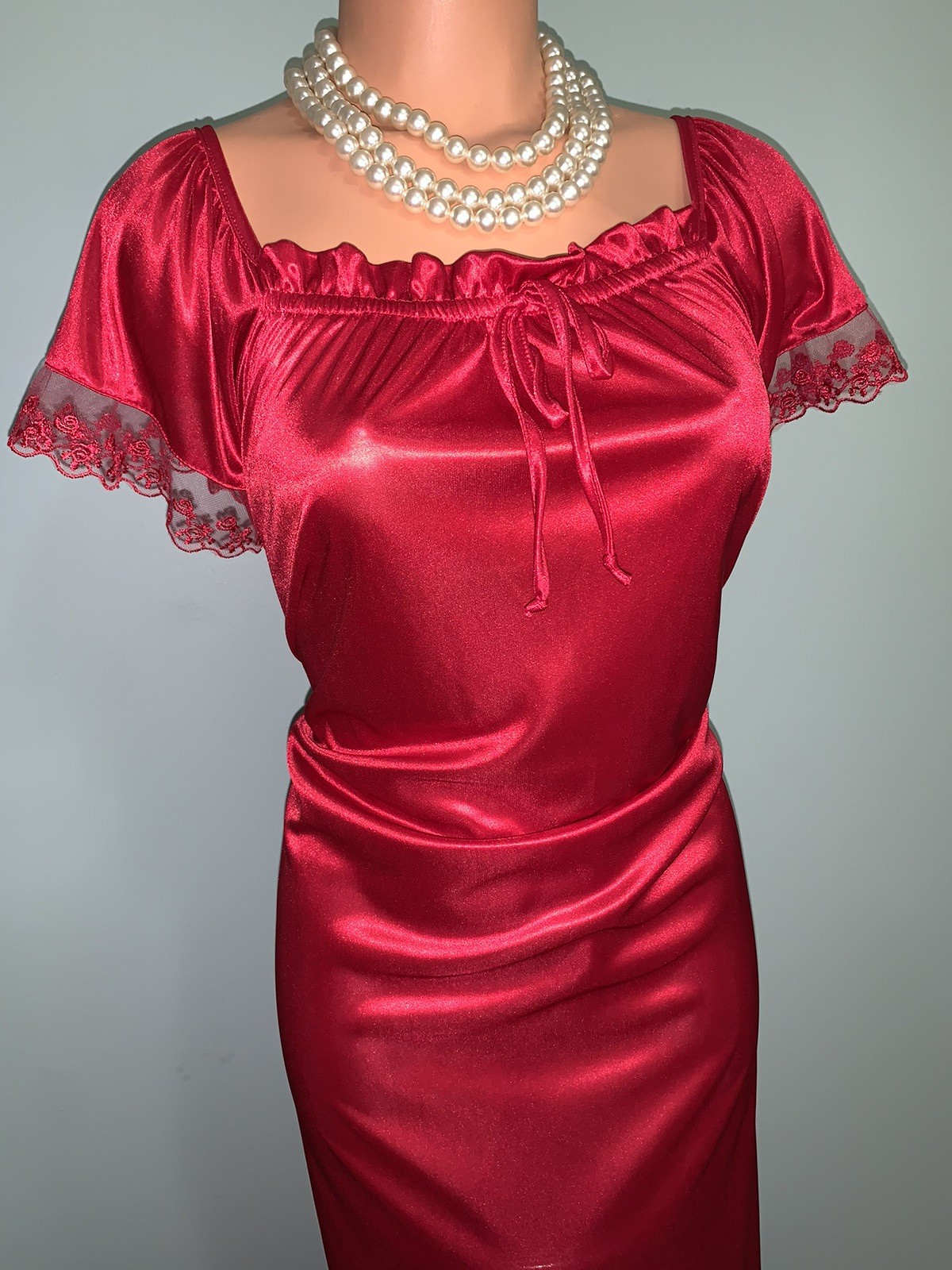 Glossy Satiny 1X LONG Silky Lingerie Nightgown Lace Queen Size HEAVENLY SOFT