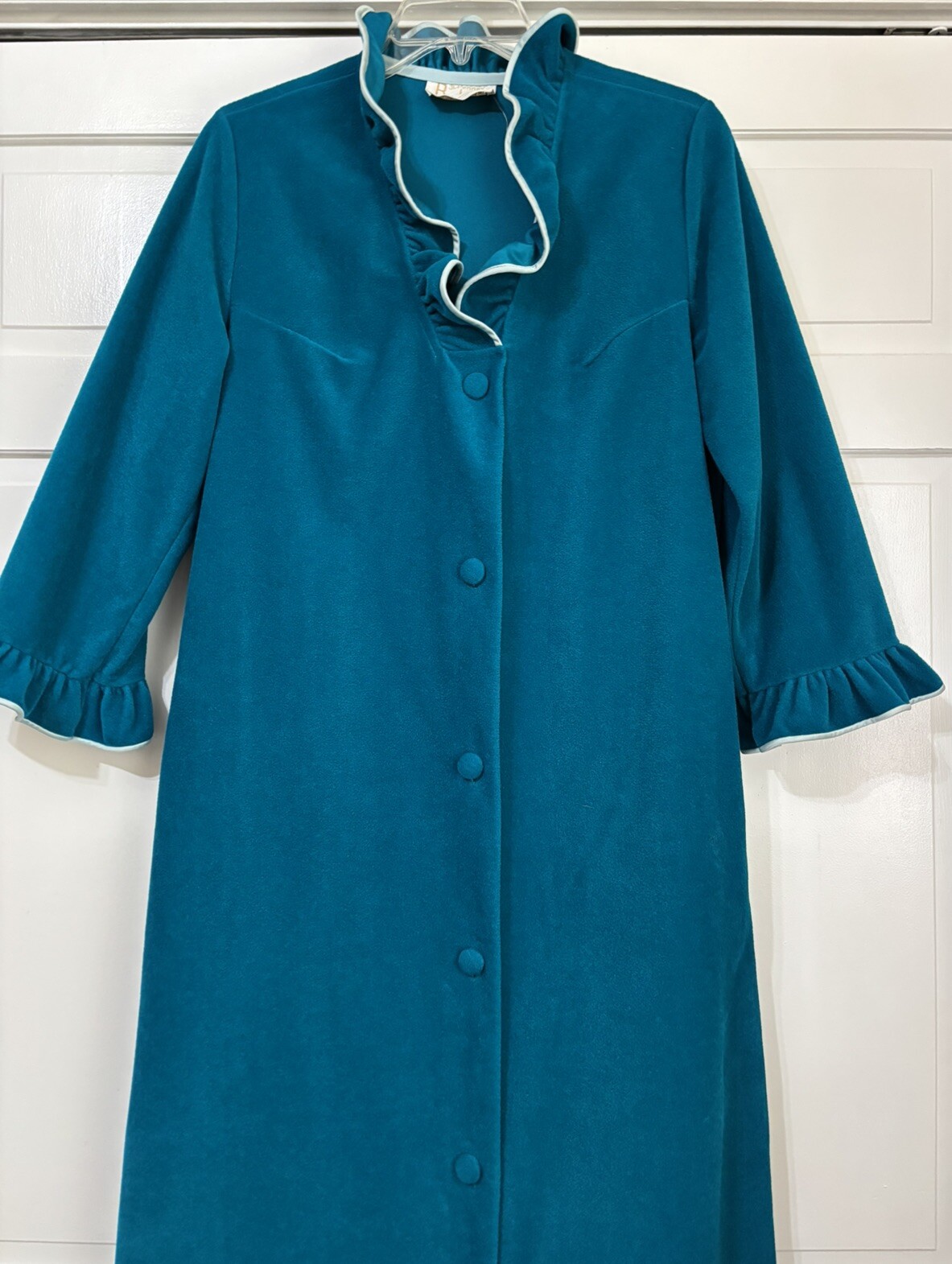 Vintage JC Penny Teal Long Button Up Plush ROBE Women’s Size 14 Made in USA