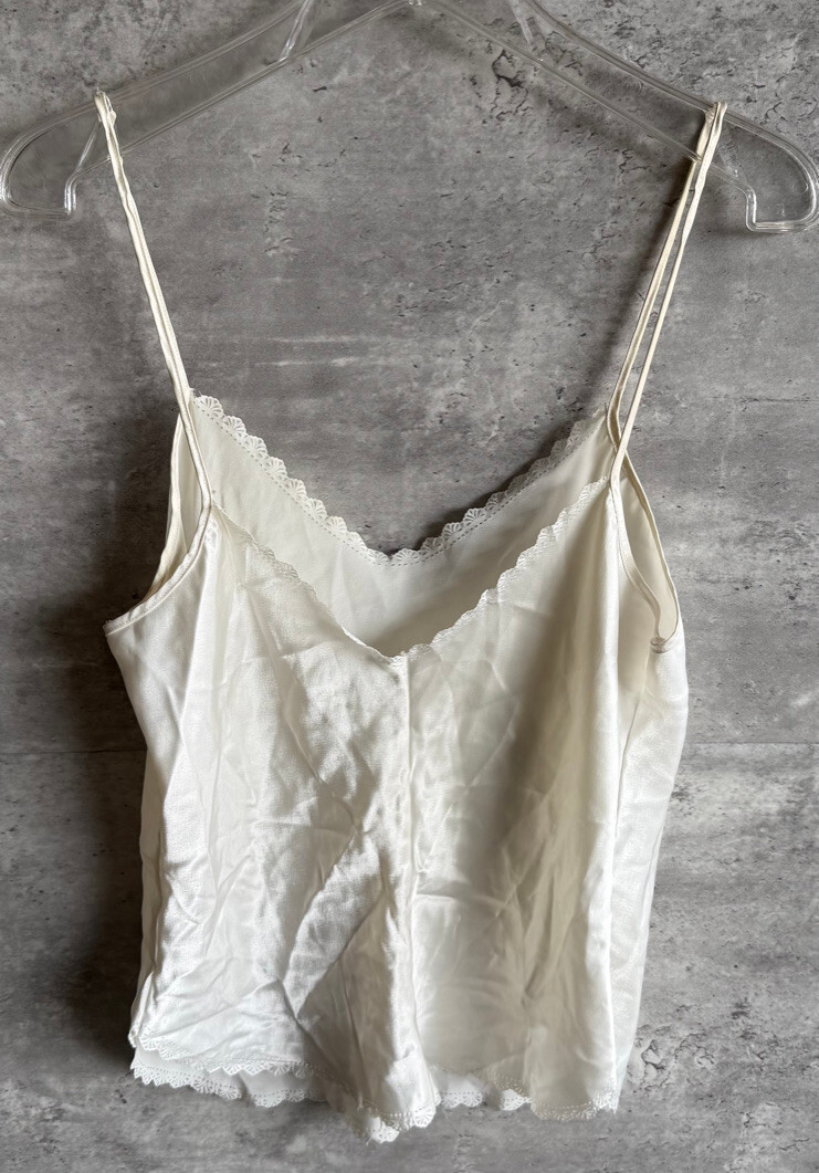 Vintage 1990s Laura Adams White Satin Polyester Lace Camisole Tank Top Size M