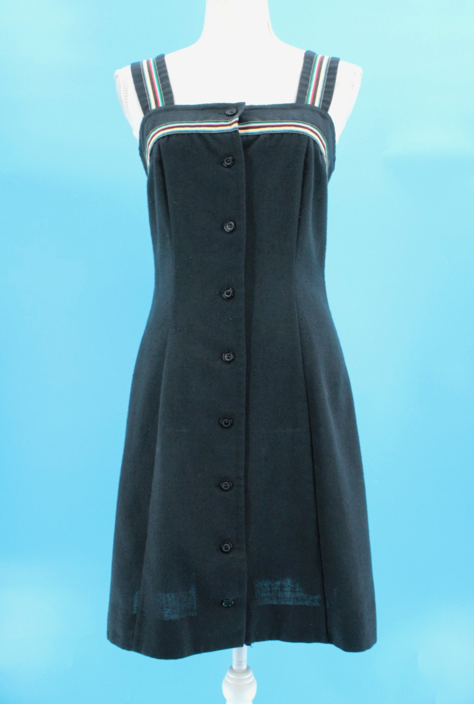 Vtg Women’s 70s 2 Pc Black W/ Rainbow Trim Dress & Top / Shirt Set XS/S 1970s