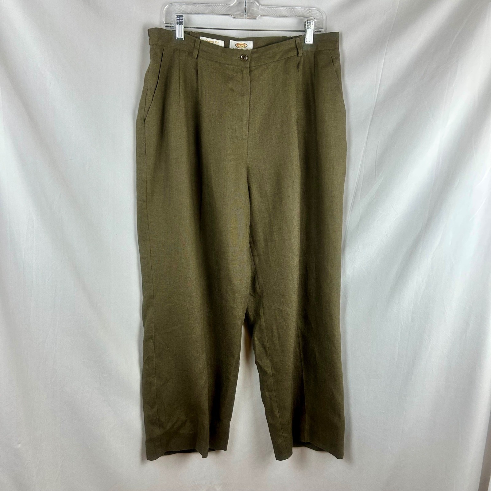 Talbots Vintage 90s Irish Linen Trousers Olive Green Pleated Pants 12 Petite