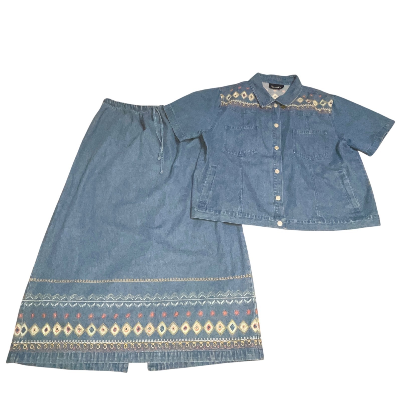Denim & Co. VTG Modest Denim Skirt Jacket Outfit Set 1X Grannycore Embroidered