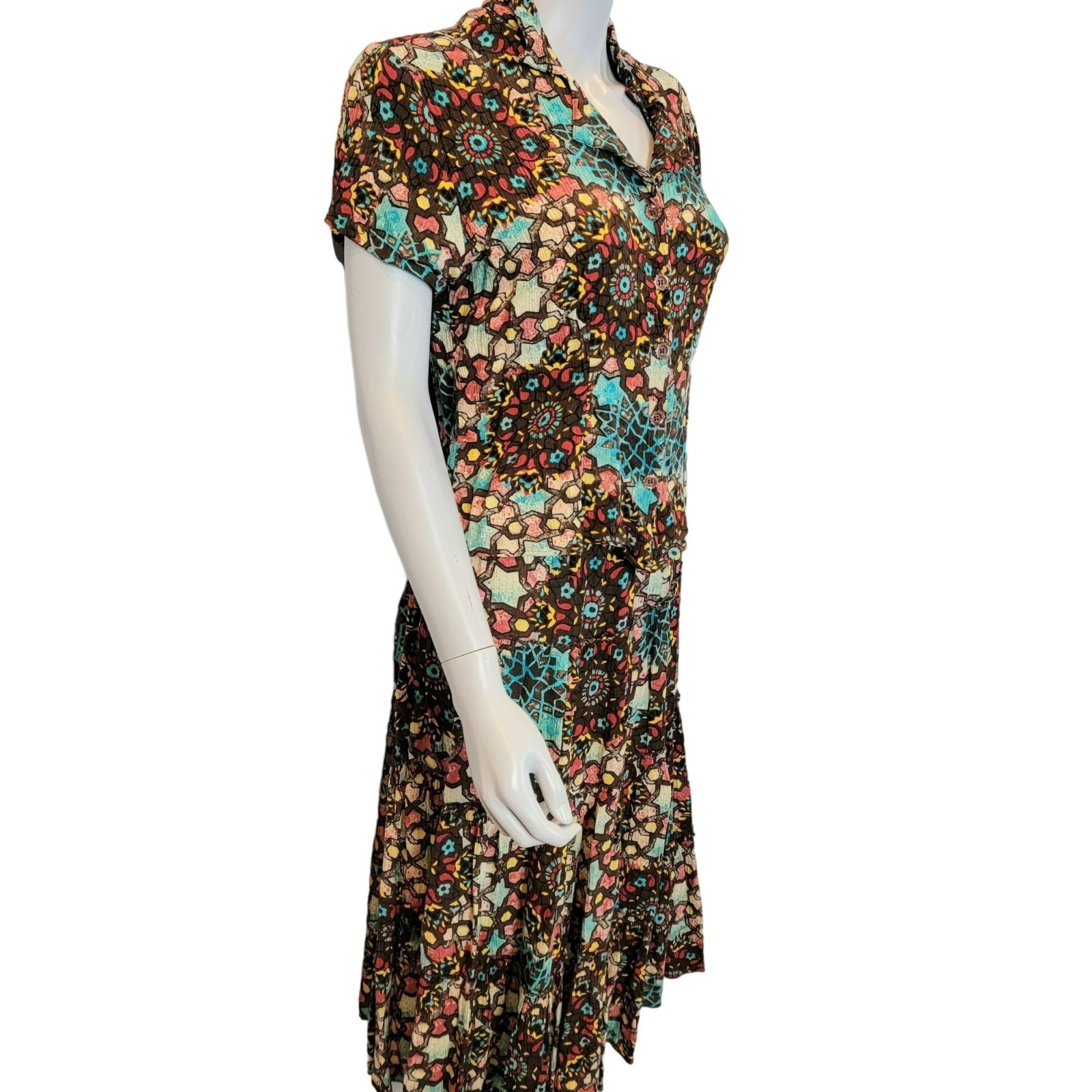 Vintage 90s Colorful Boho Set Women Medium Button Top Shirt Midi Skirt 8 10 Star