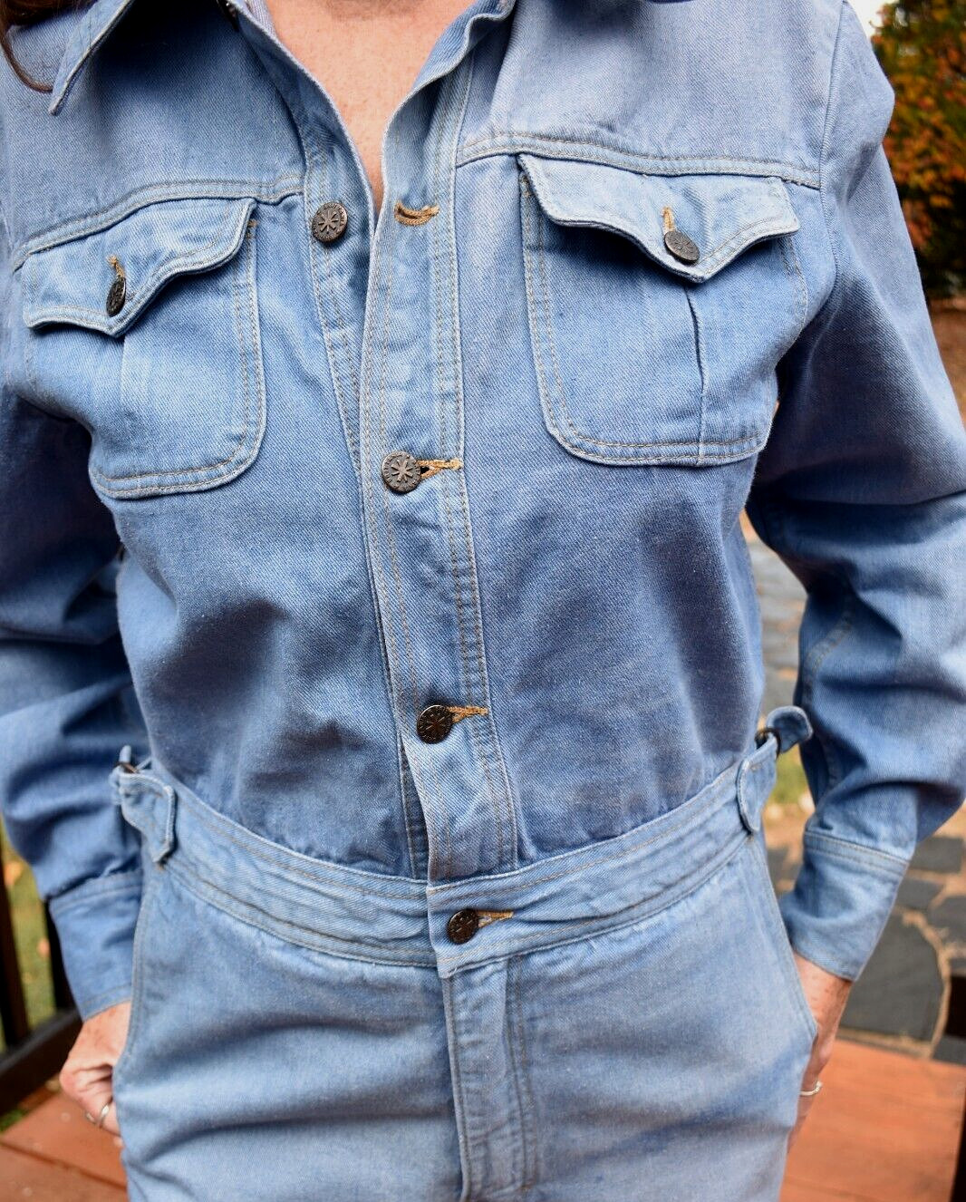 Vintage Brittania Denim Flared Leg 70s Long Sleeve Jumpsuit Romper Overall Large