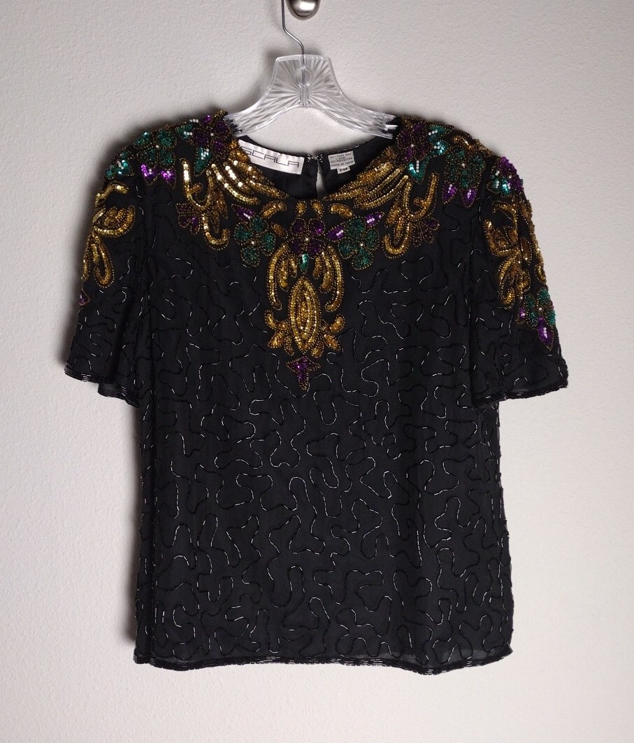 Vintage 80’s Scala Mardi Gras Sequin Beaded Silk Shirt Sleeve Top Petite Medium