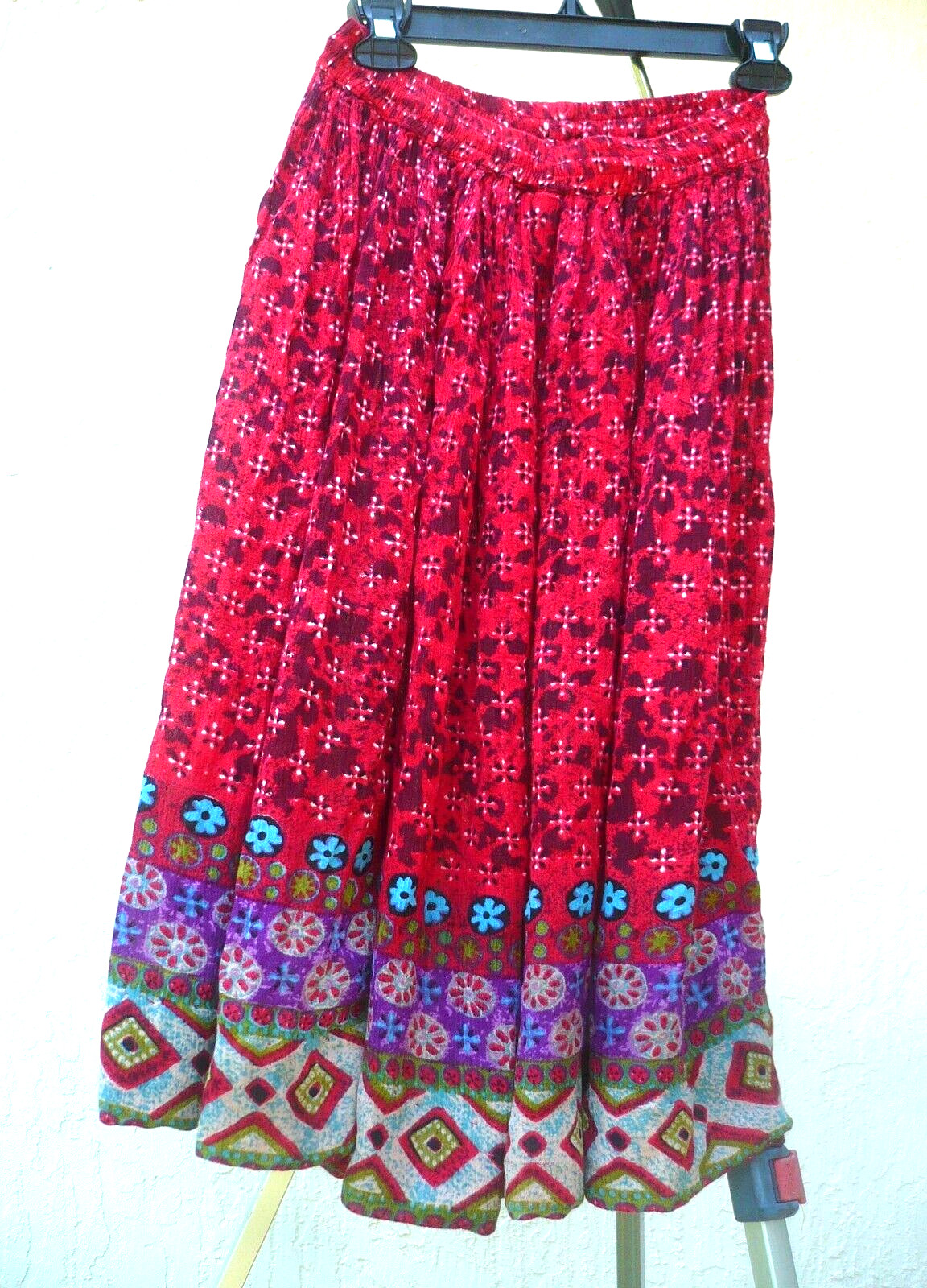 VTG 90S JUST CRUISING RED PURPLE INDIAN LOK FULL SKIRT S M L HIPPY ELASTIC WAIST