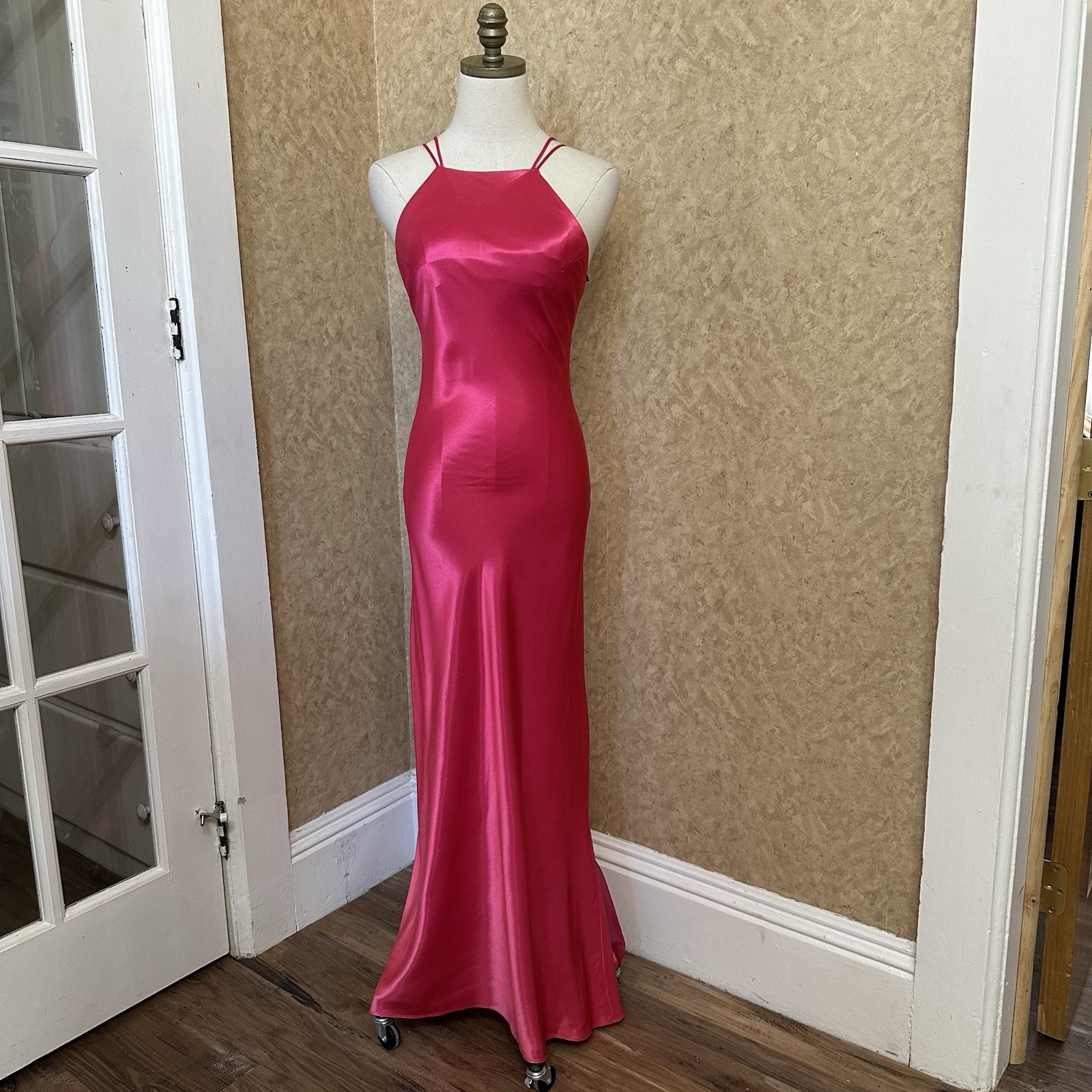 VTG 90s Hot Pink Satin High Neck Low Back Formal Slip Prom Dress