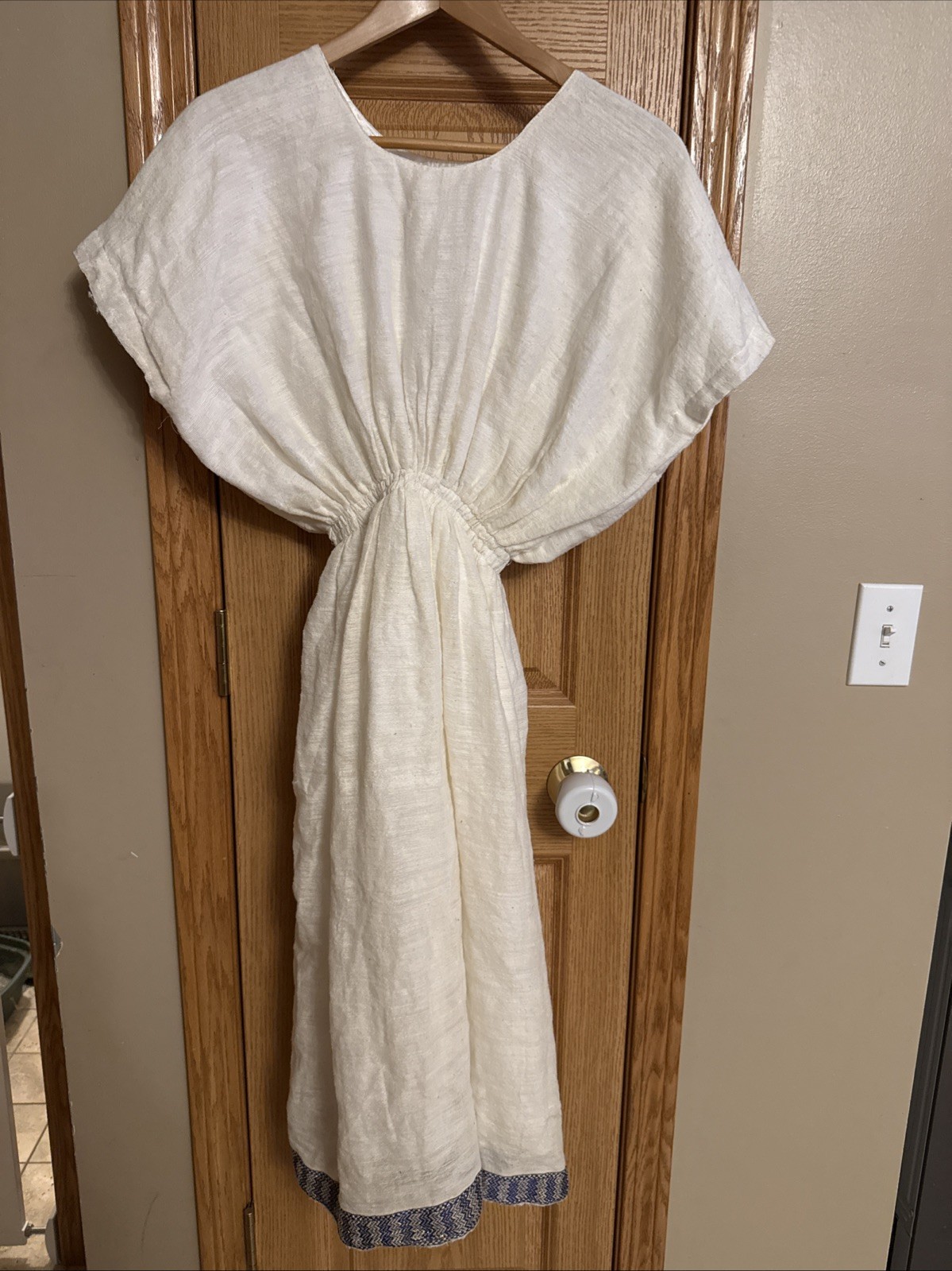 Vintage Handmade 70s Style Dress Embroidered Hem Boho Hippie Ivory Gauze Small