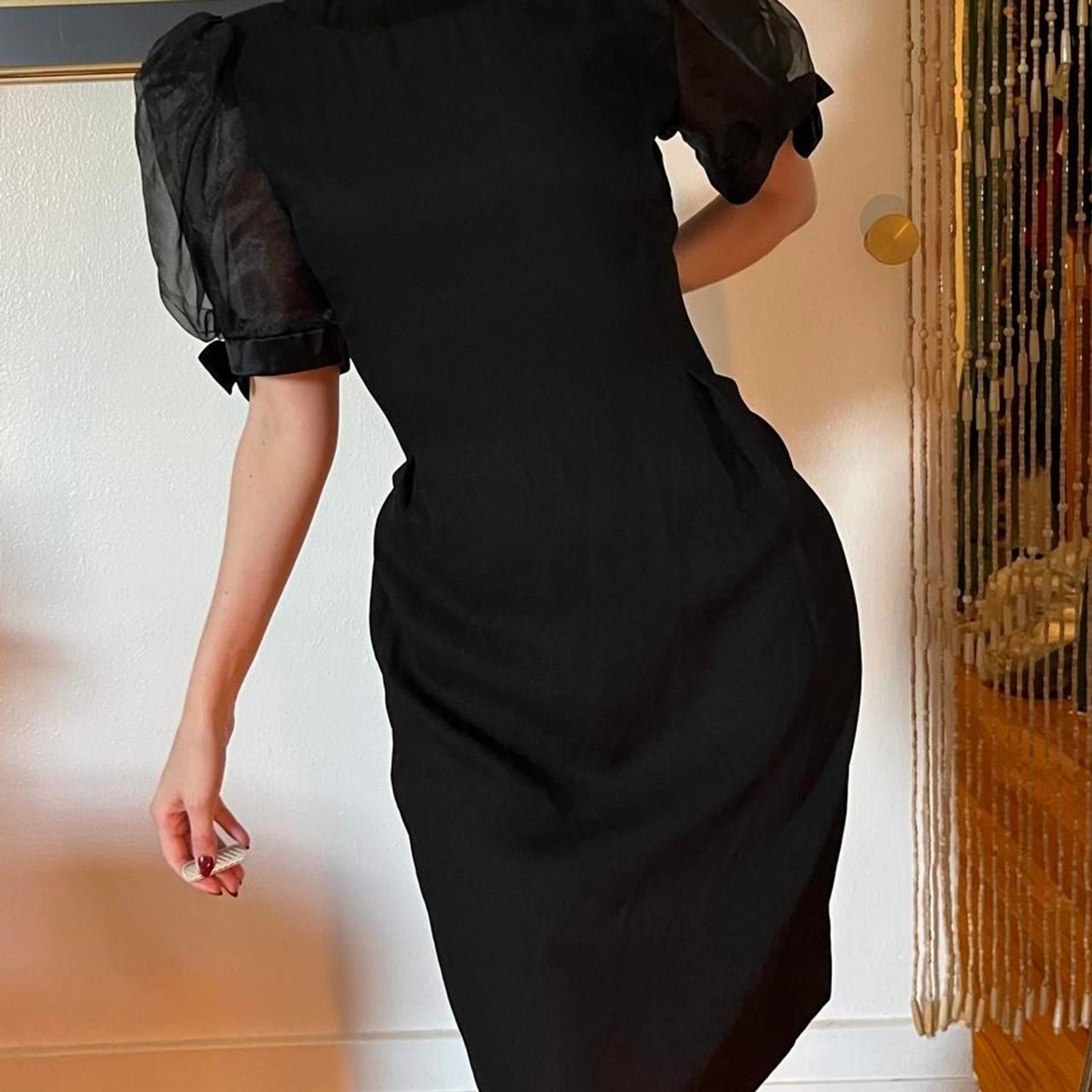 Vintage 1980s Michael Marcella Black Cocktail Dress Huge Puff Sleeves