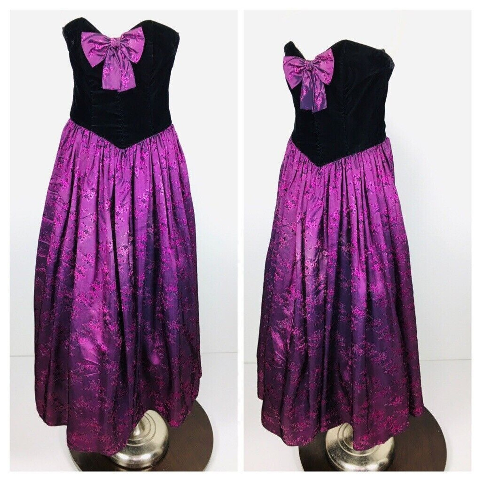 Vintage 80s Gunne Sax Strapless Velvet Jewel Tone Brocade Big Bow Party Dress