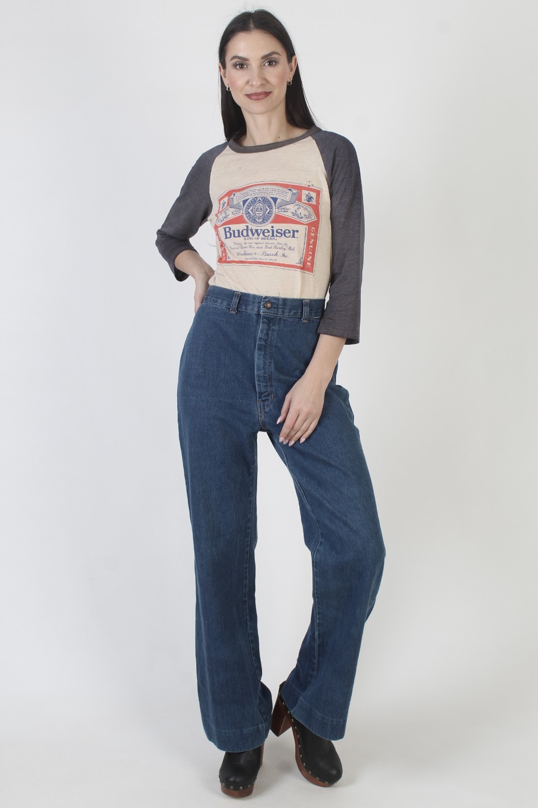 Vintage 70s Wide Leg jeans Blue Denim High Waist Bellbottom Flare Pants 28