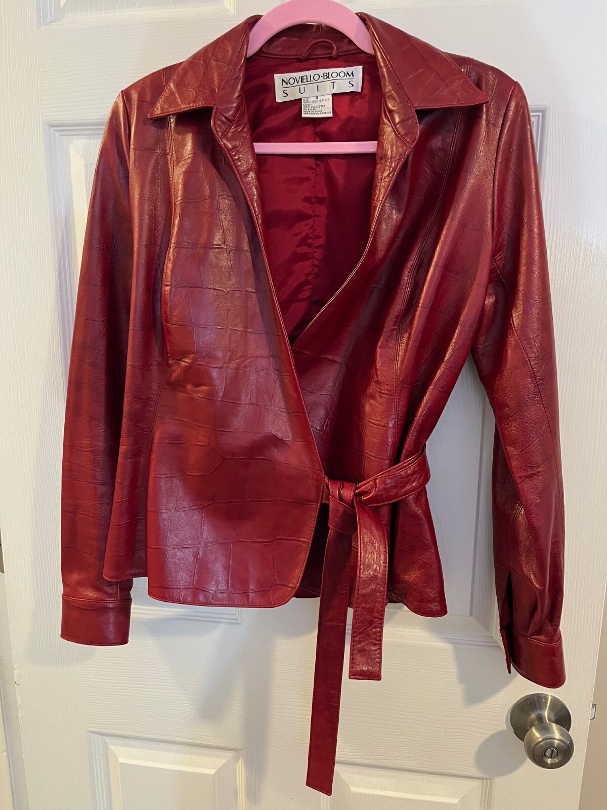 Noviello Bloom Vintage Red Leather Jacket Croc-Embossed Wrap Belt Size 4 Women’s