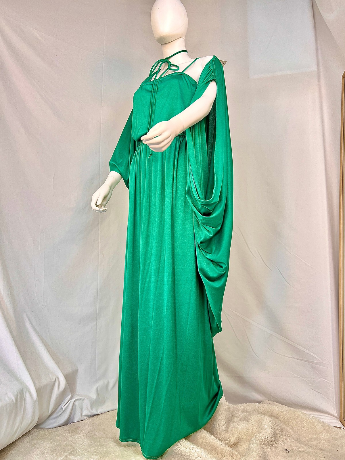 1970s Kelly Green Disco Dress and Wrap Set, M