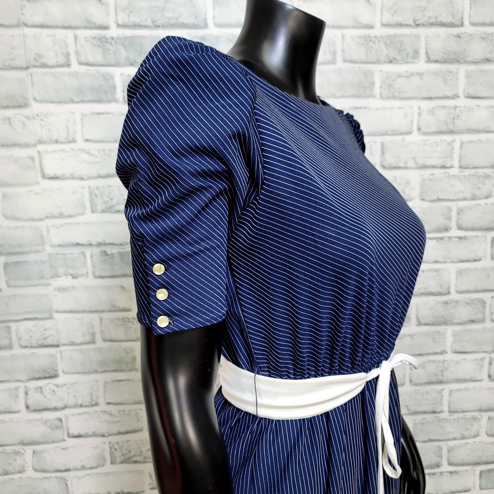 Vintage 70s Sally Lou Womens S Half Sleeve Semi Sheer Navy Striped Day Dress