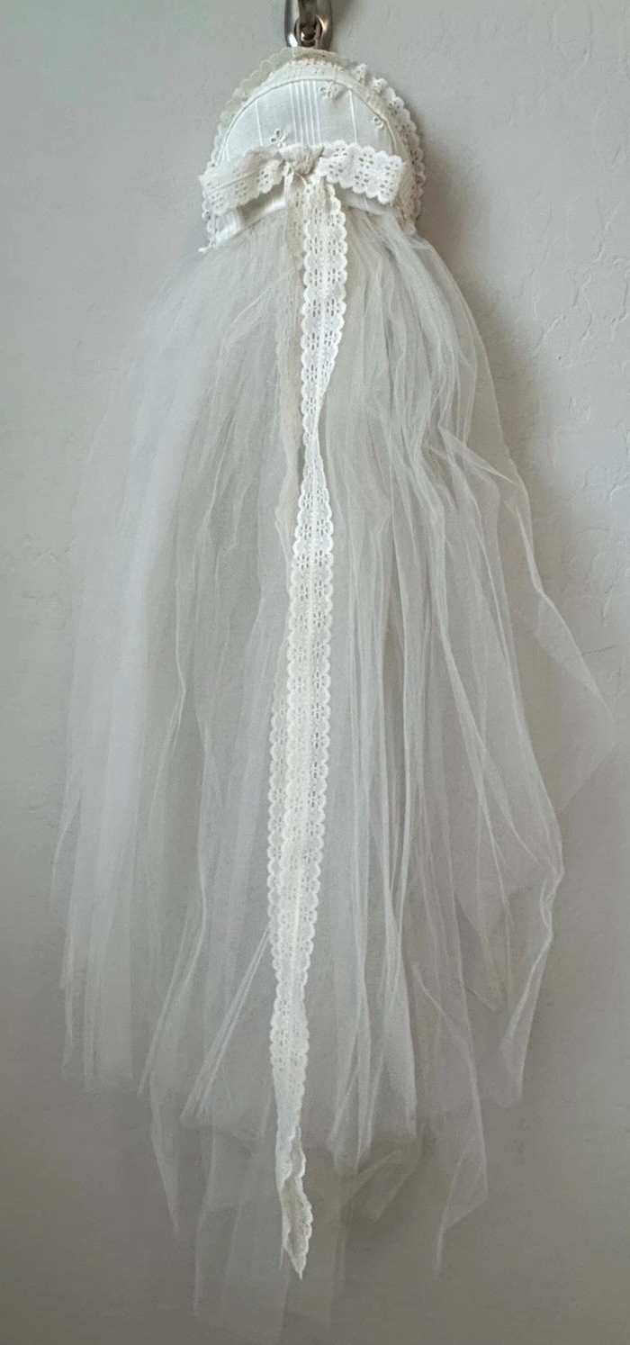Vtg 70s Ivory Wedding Dress Prairie Cottage Core Peasant Bonnet Hat Veil Trek