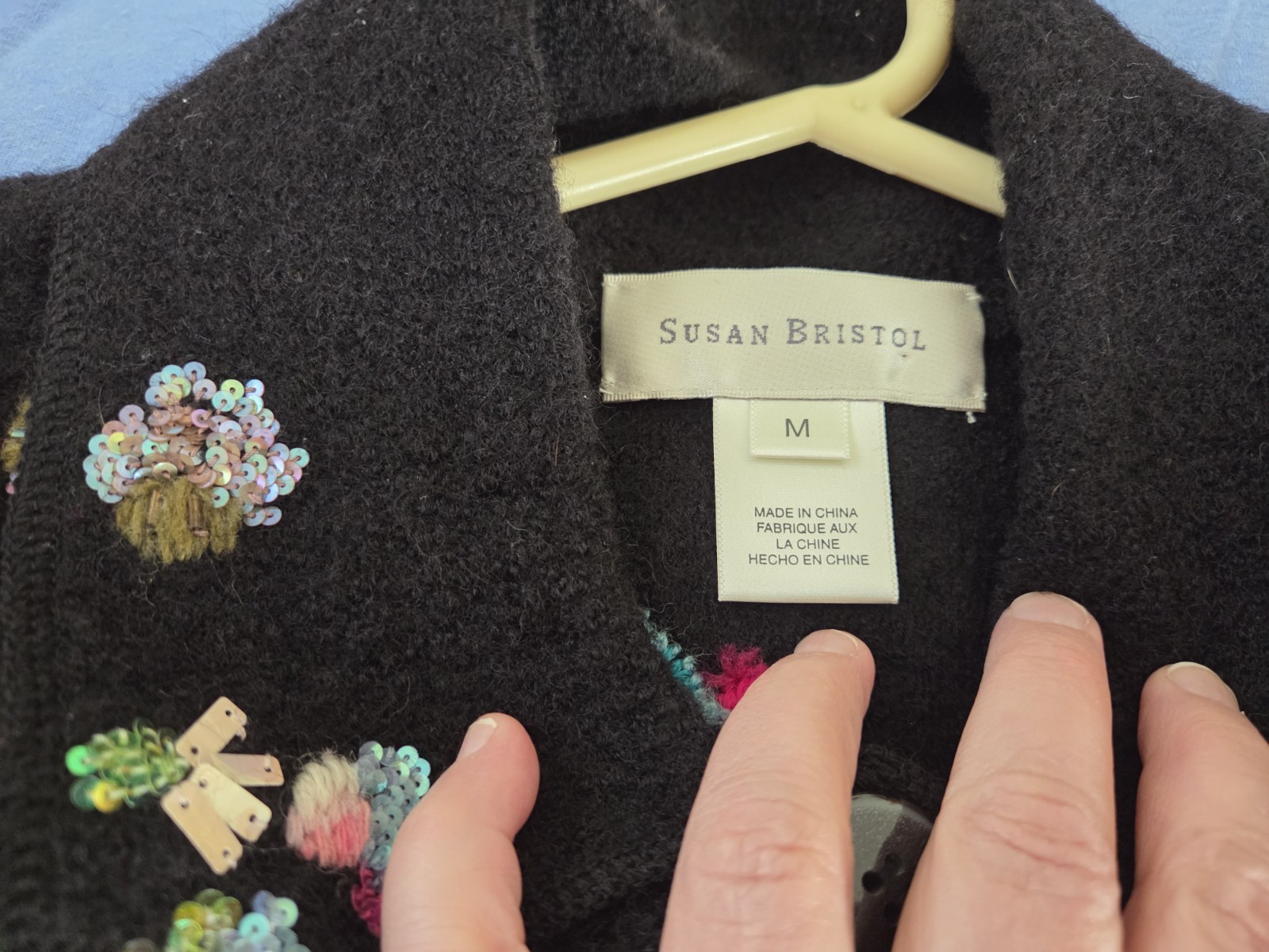 Susan Bristol – Wool Cardigan – Black w/ Embroidered Flowers/beads – Size M
