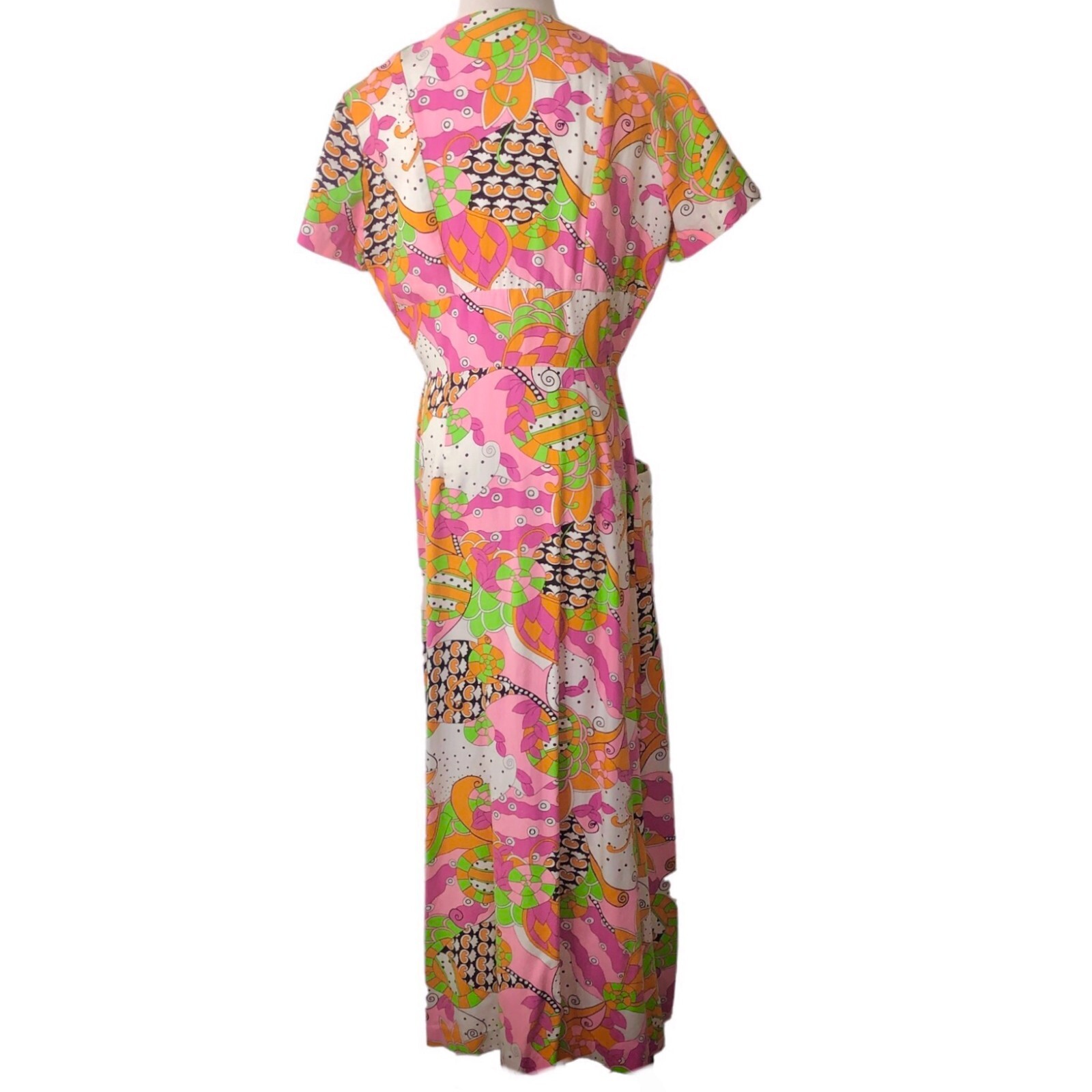 Evelyn Pearson Womens Vintage 60s Wrap Lounge Dress Medium Pink Green Mod Maxi