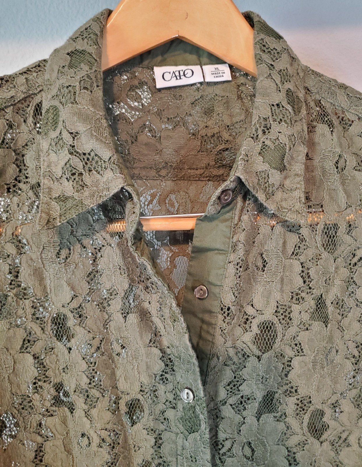 CATO Y2K Olive Green Floral Lace Button Up Shirt Womens XL Boho Goth