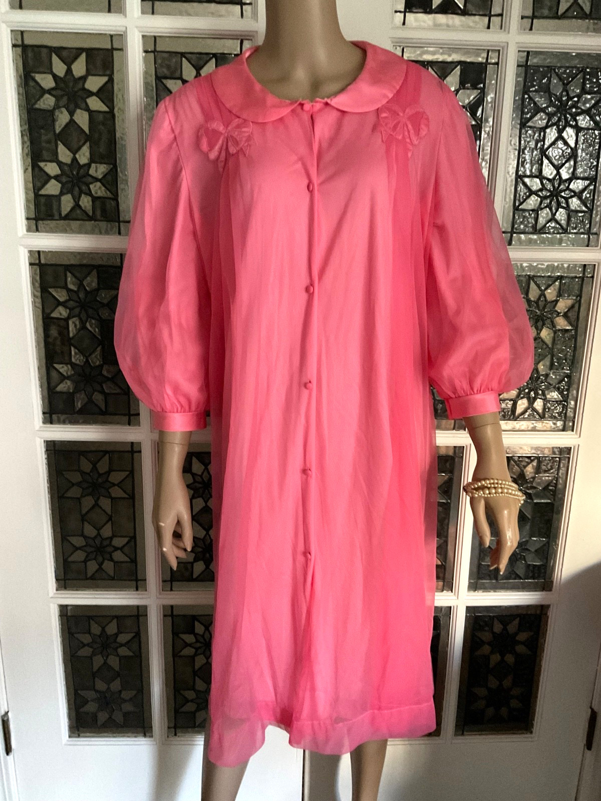 Vintage Robe Dressing Gown Double Layer Sheer Pink Nylon Chiffon Peignoir Robe M
