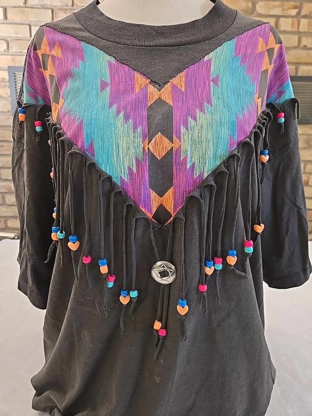 Screen Stars Best Vtg 90s Aztec Fringe Beaded Tshirt Unisex Sz 2XL Single Stitch