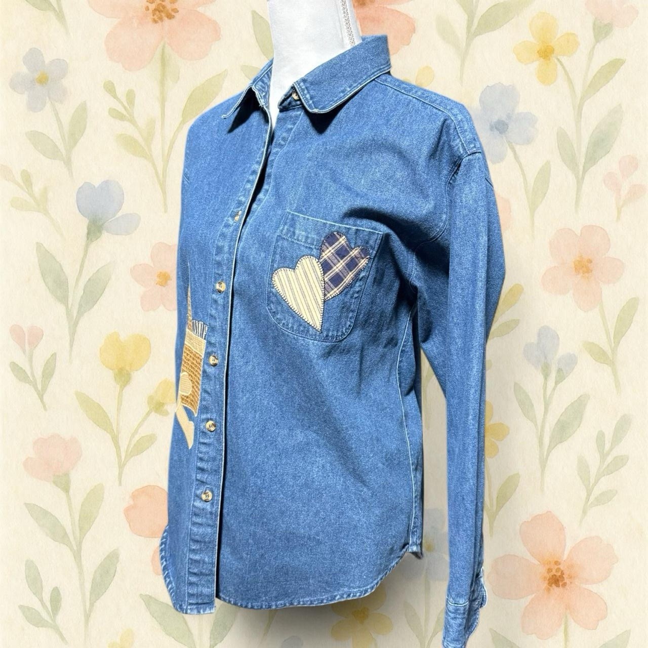 Vintage Teddy Bear Applique Denim Button Up Shirt Cottagecore Picnic Top Med