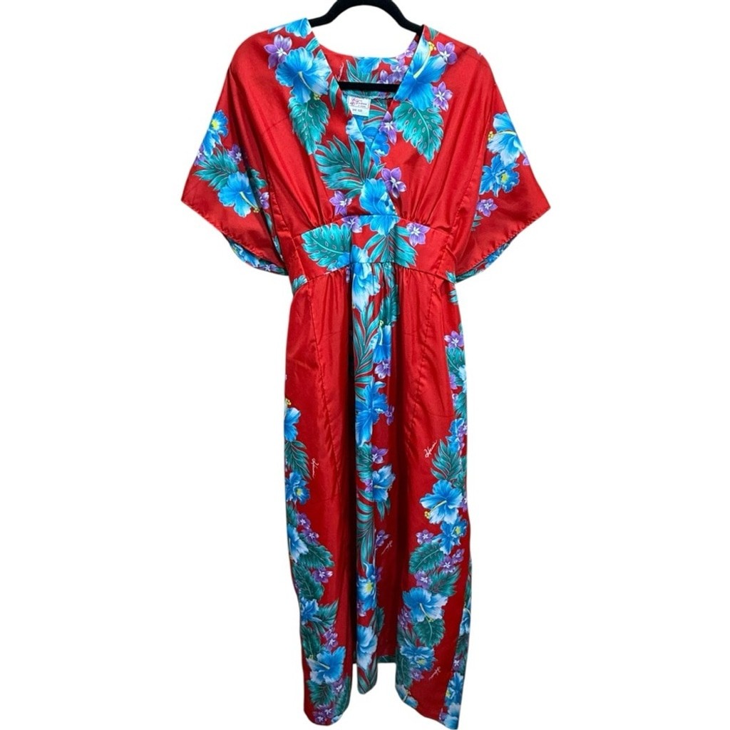 Vintage Kalena Fashions of Hawaii Red Hibiscus Caftan Maxi Dress One Size (S-XL)