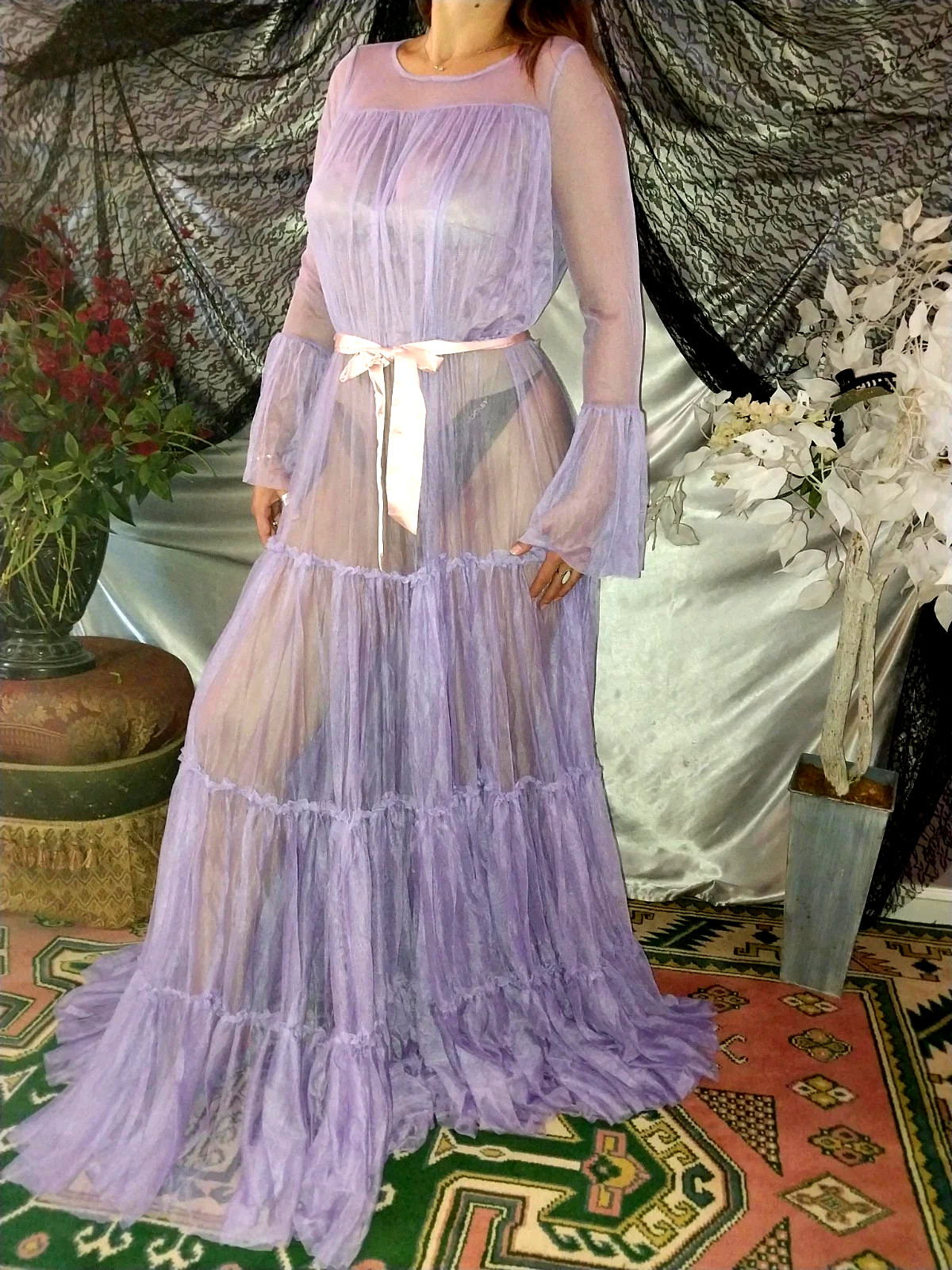 VTG SILKY PURPLE SHEER LAYERS BELL SWEEP NEGLIGEE NIGHTGOWN SISSY 48 OSFM