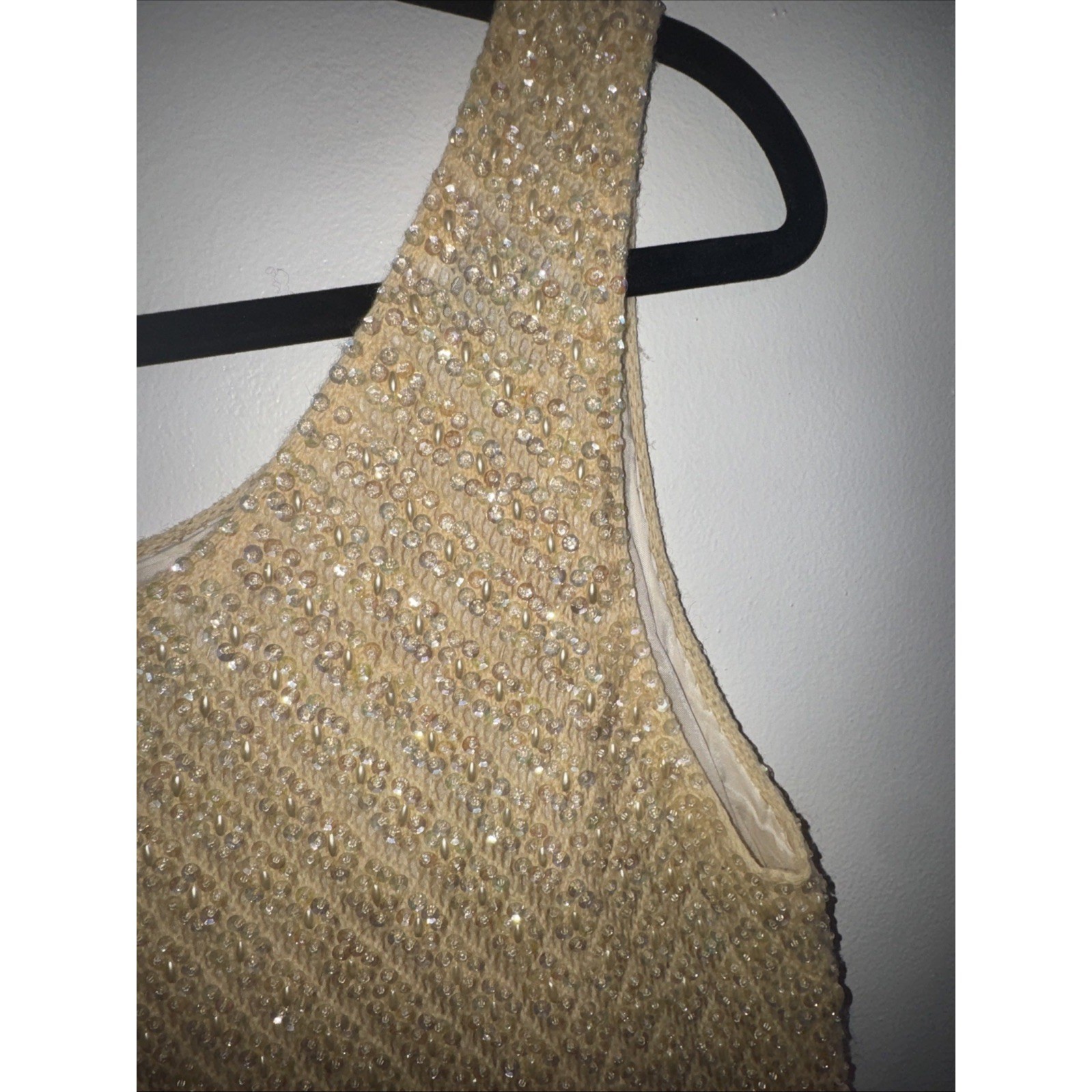 Vintage Beaded Sequin Knit Tank Top Cream Champagne Pearl Fringe Shell L