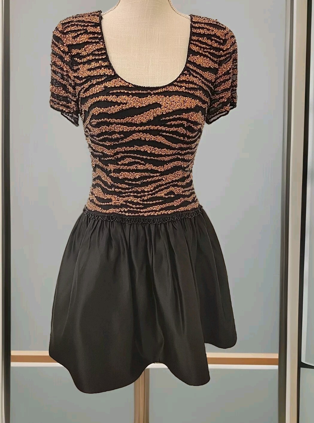 Vtg Cocktail Dress 6 Lillie Rubin Riazee 80’s Gold Blk Sequin Bead ,Tiger Stripe