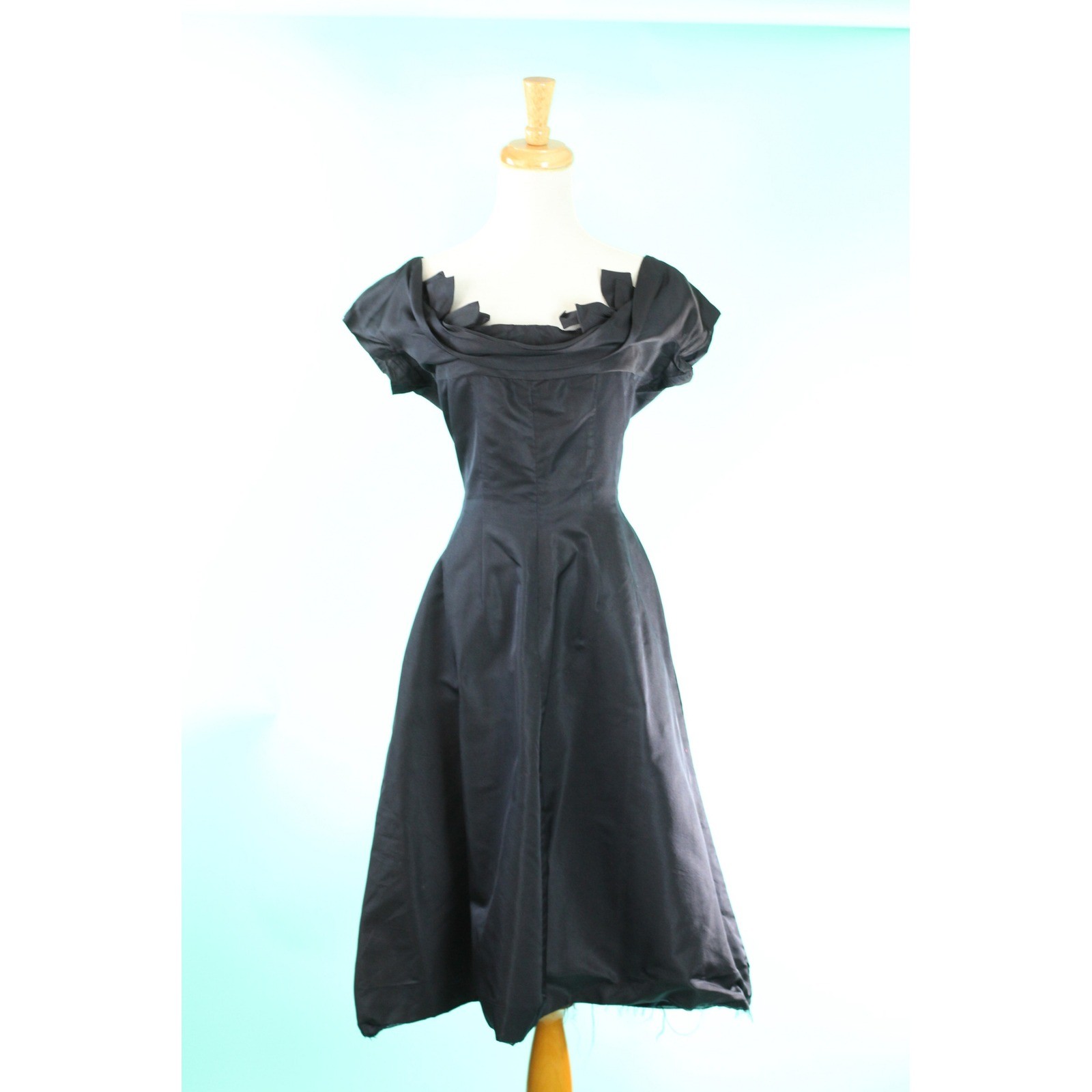 Vintage 1950s Black Silk Portrait Neckline Bow Cocktail Dress Mid-Century Modern