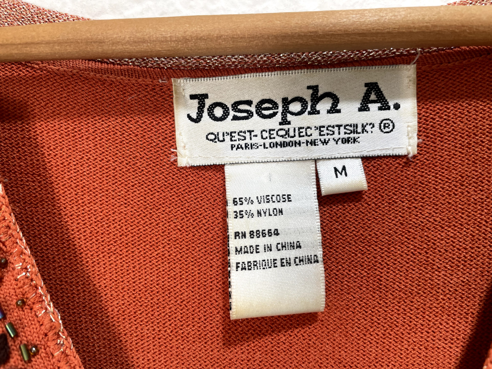 Joseph A. Vintage 80s Orange Beaded V-Neck Viscose Pullover Sweater Size M