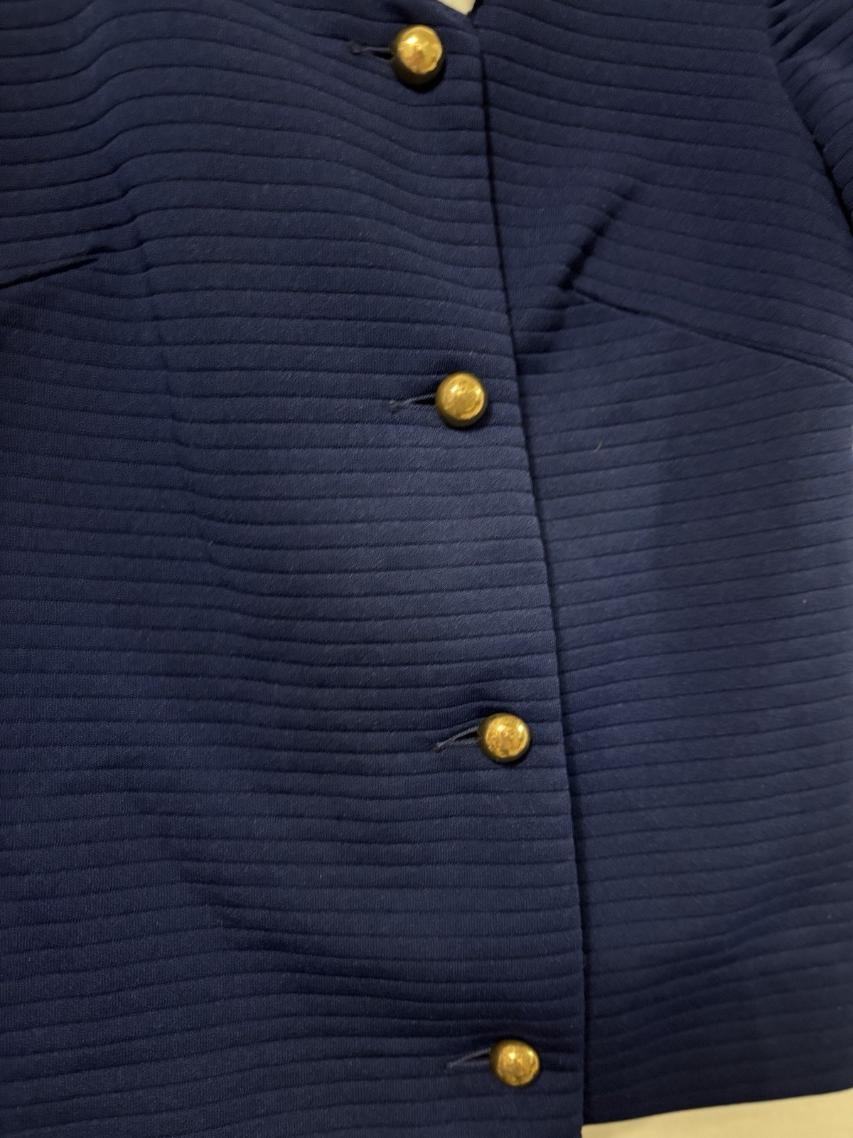 Vintage 60s Womens Gay Gibson Navy W Gold Button Up Blouse Size Small
