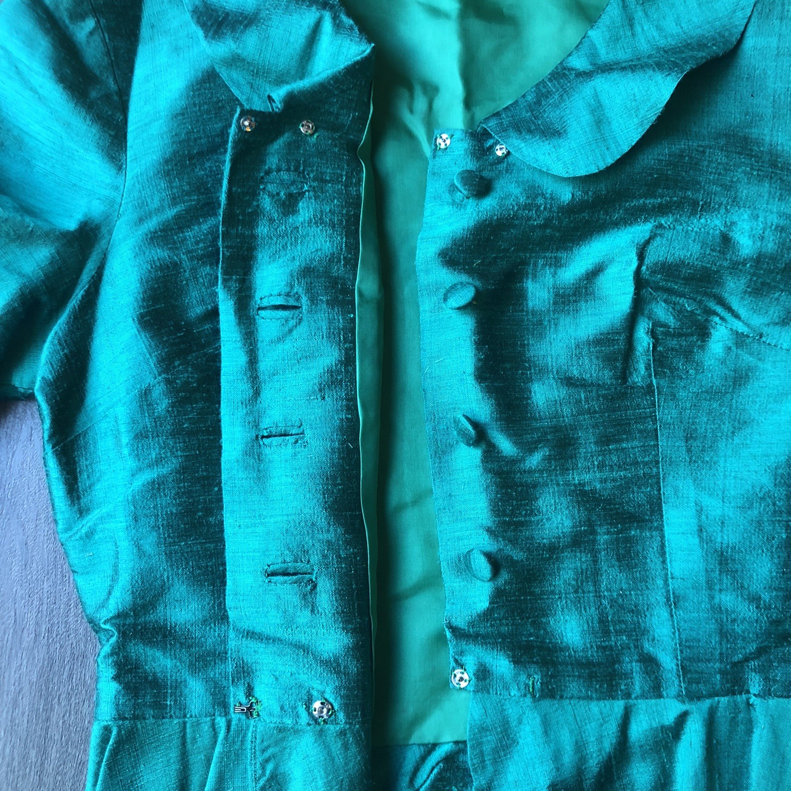 VTG Handmade Peplum Blouse Top Womens 34 Emerald Green Silk Dupioni Retro Glam