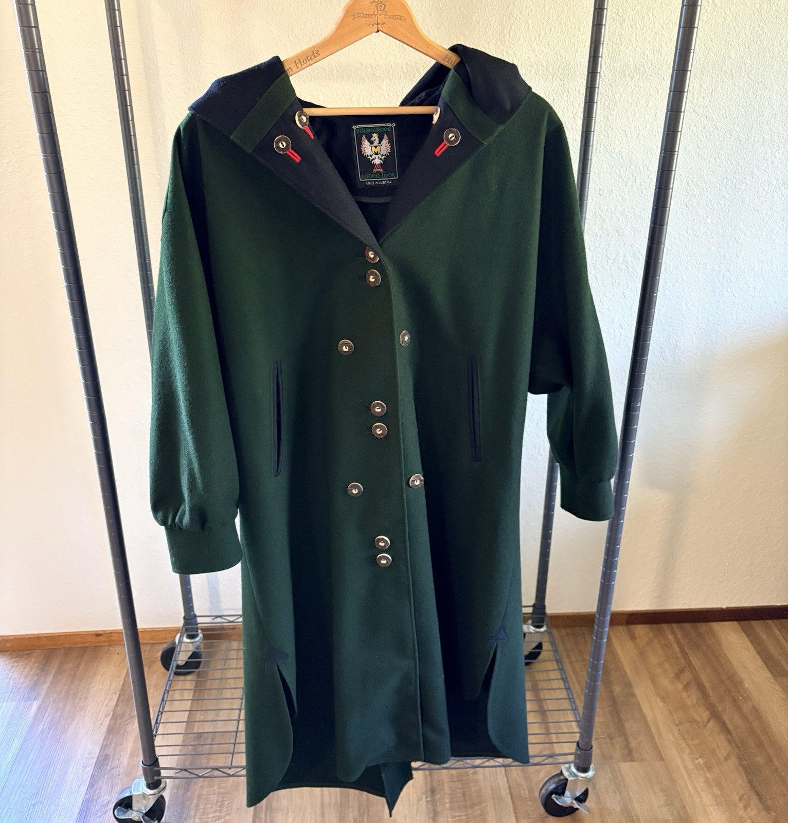 Women’s Loden Green Overcoat Virgin Wool Cottage Core Cloak Austrian Hooded