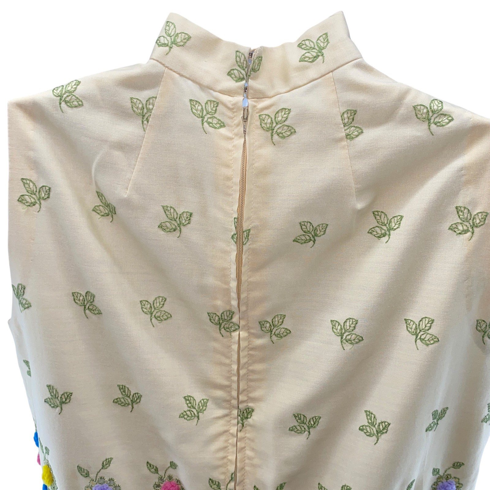 Bonwit Teller Vintage Skirt Set Medium Beige Green Eyelet Lace Leaves Pom Poms