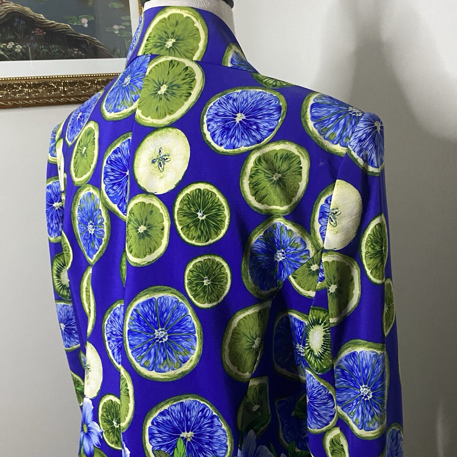 Gorgeous Vintage Silk one button fruit blazer in blues and greens. CRISCIONE NY