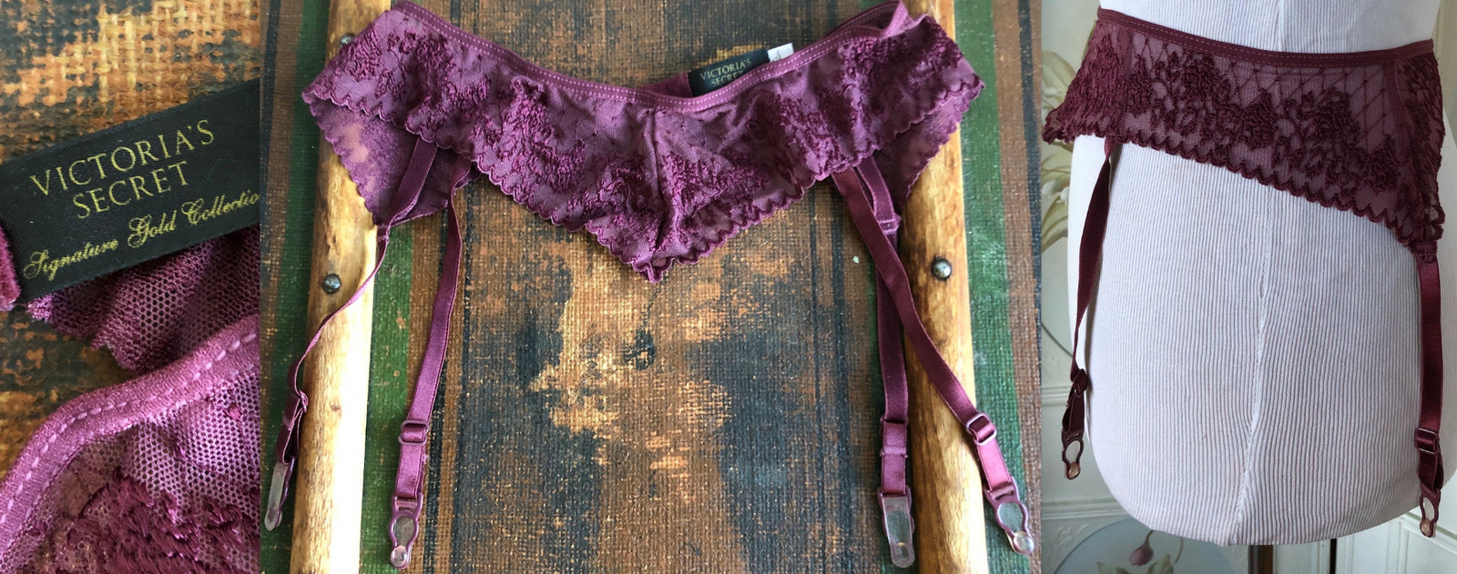 VTG NOS VICTORIA’S SECRET NWT GARTER BELT MAGENTA RED PINK LACE MESH FLORAL S