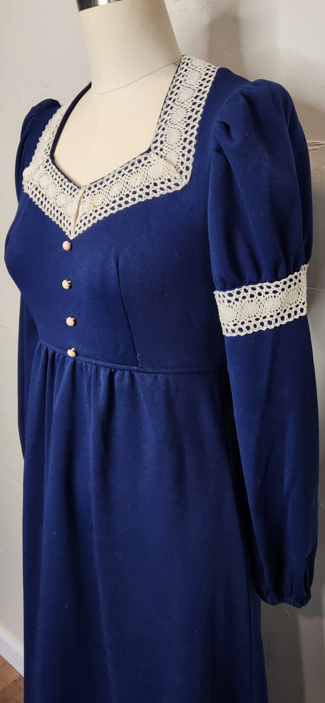 Vintage 70s Royal Blue Ivory White Lace Maxi Dress Tie Empire Waist S or M