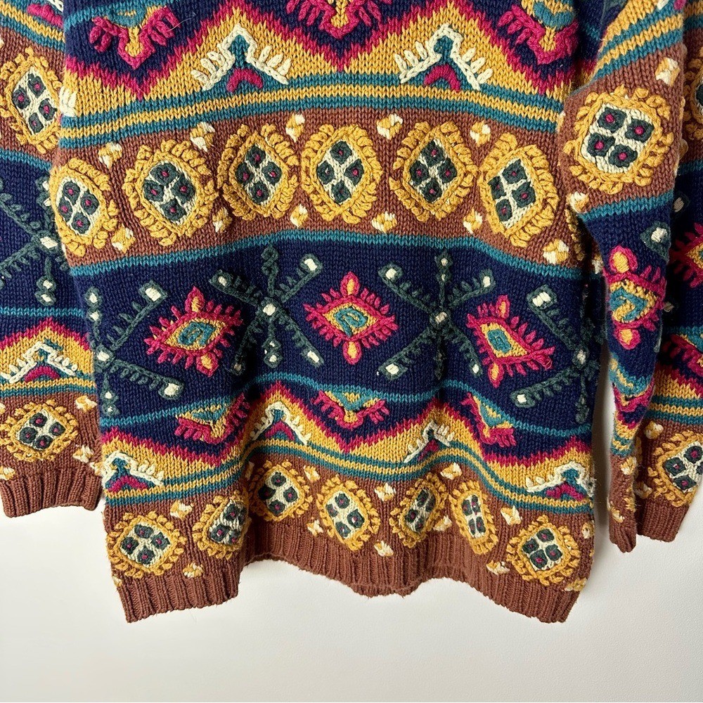 Vintage Paul Harris Brown Navy Boho Folk Tapestry Knit Sweater Small Indie 90s